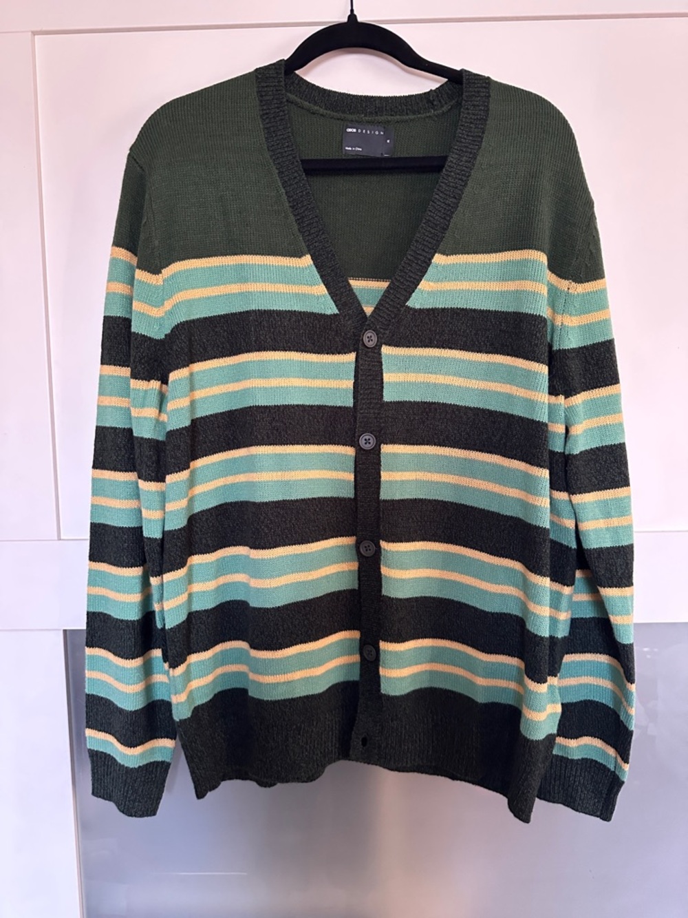 ASOS Olive Green V-Neck Striped Cardigan with Mint and Cream